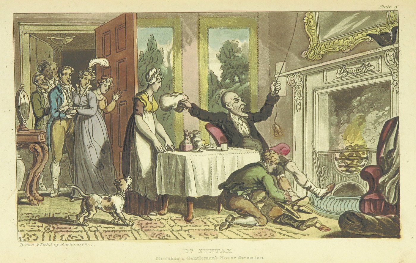 A hand-colored etching from the early 19th century depicting a chaotic scene in a grand room. An elderly man stands on a table waving a cane, while several gentlemen attempt to restrain him. A woman looks on in shock, and a small dog yaps at a man lying on the floor.