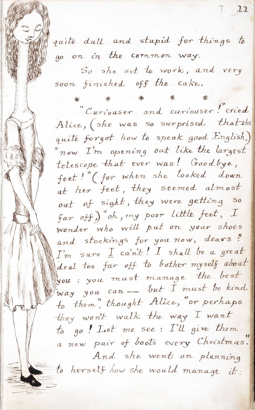 A black and white illustration of Alice looking down at her feet, with handwritten text describing her thoughts.