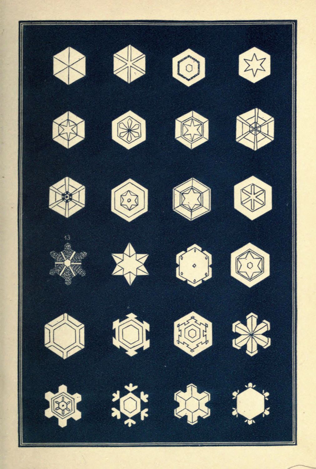 A vintage illustration of 20 unique snowflake designs arranged in a grid, showcasing hexagonal symmetry and intricate patterns.