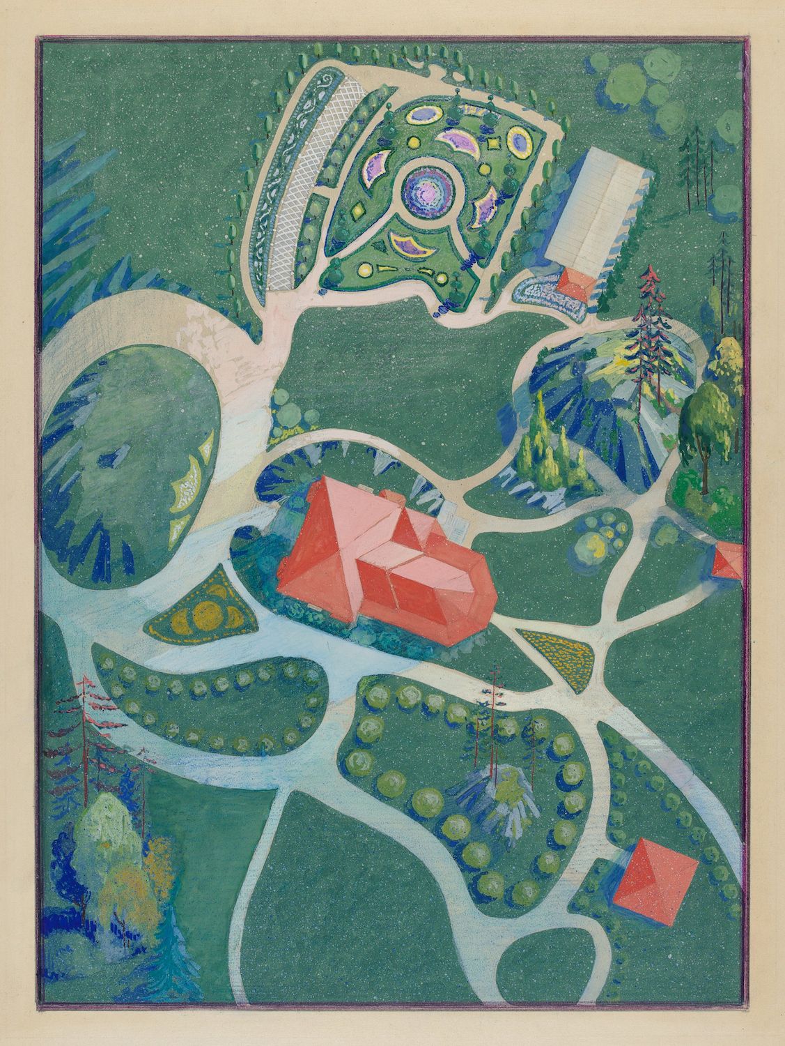 A painterly map of a park with winding paths, circular gardens, and geometric buildings.