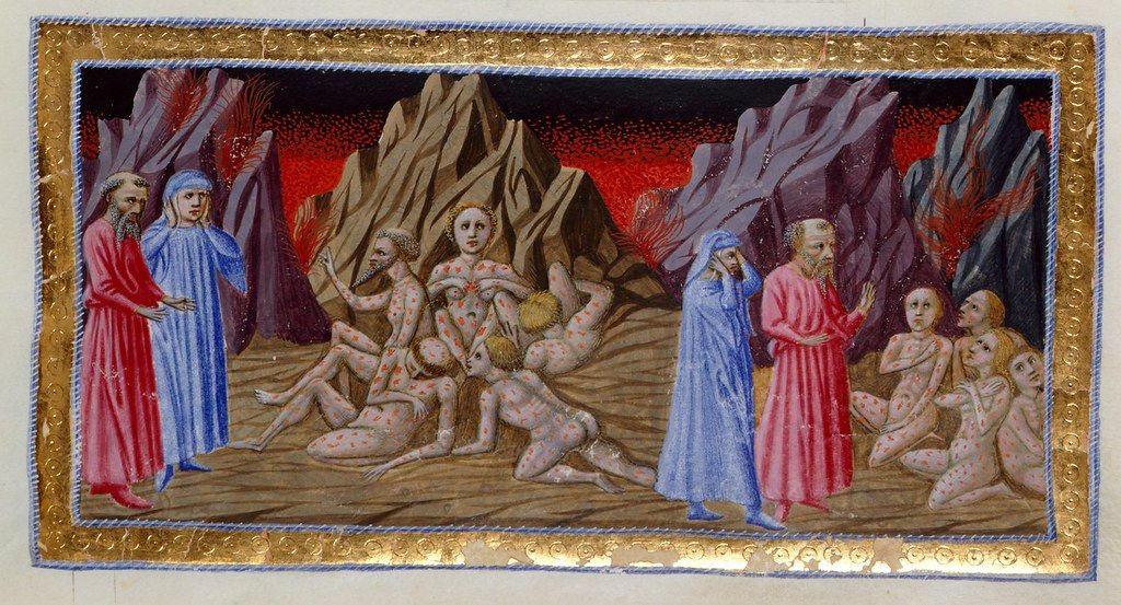 Medieval illustration of a hellish landscape with tormented figures and observing figures in blue robes.