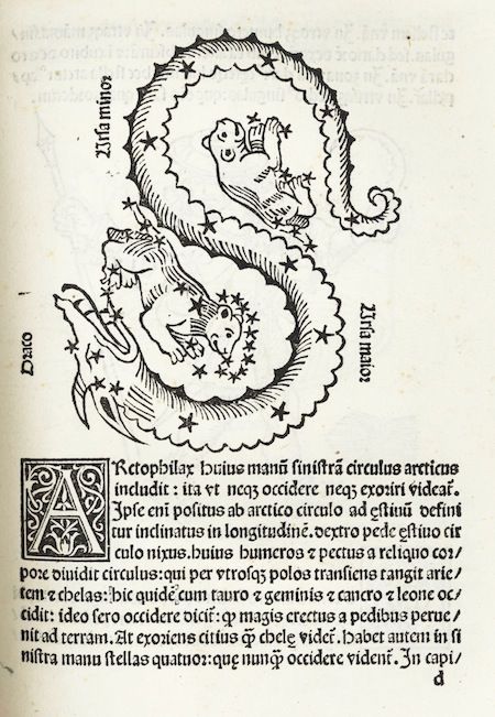 A black and white woodcut illustration of a dragon biting its tail, surrounded by stars, above a block of Latin text.