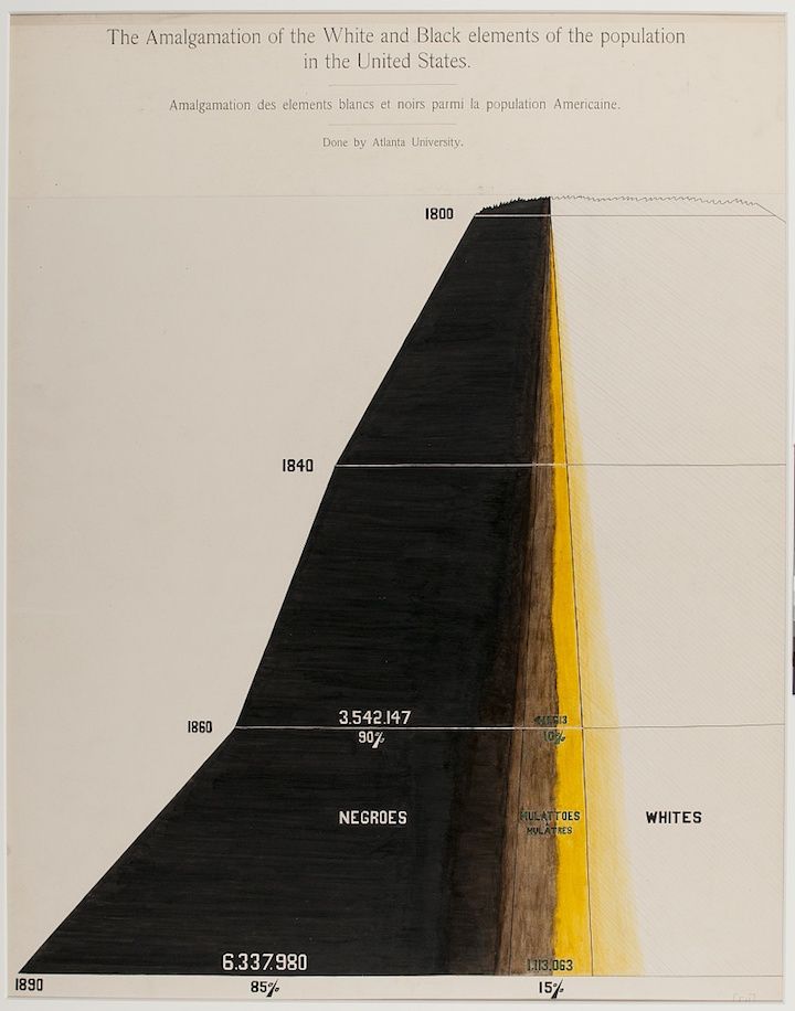 A vintage diagram titled "The Amalgamation of the White and Black elements in the United States." It's a visual representation of racial demographics over time, created by Atlanta University.