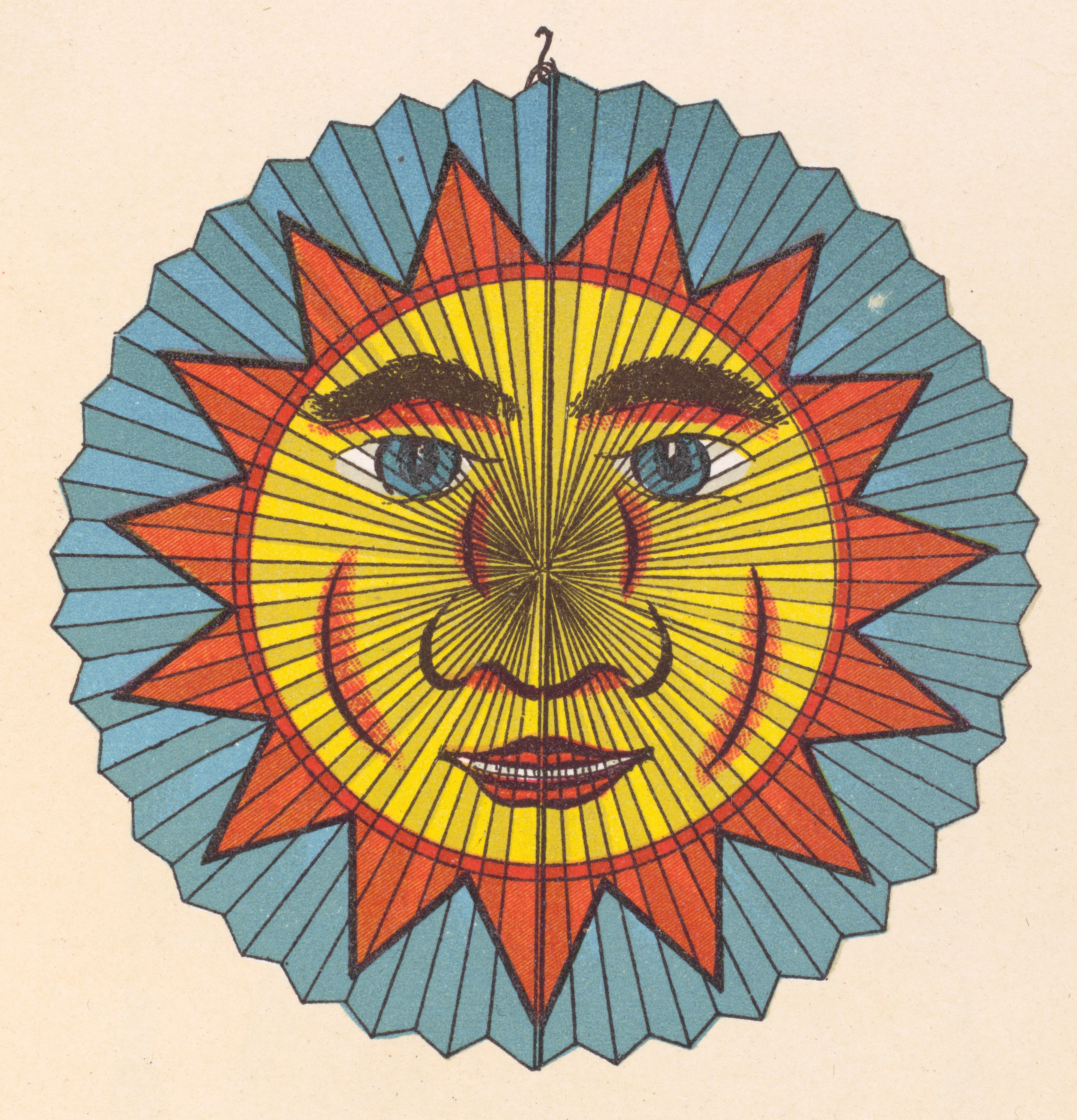 Vintage sun kite with a smiling face and orange-red rays framed by blue lines.