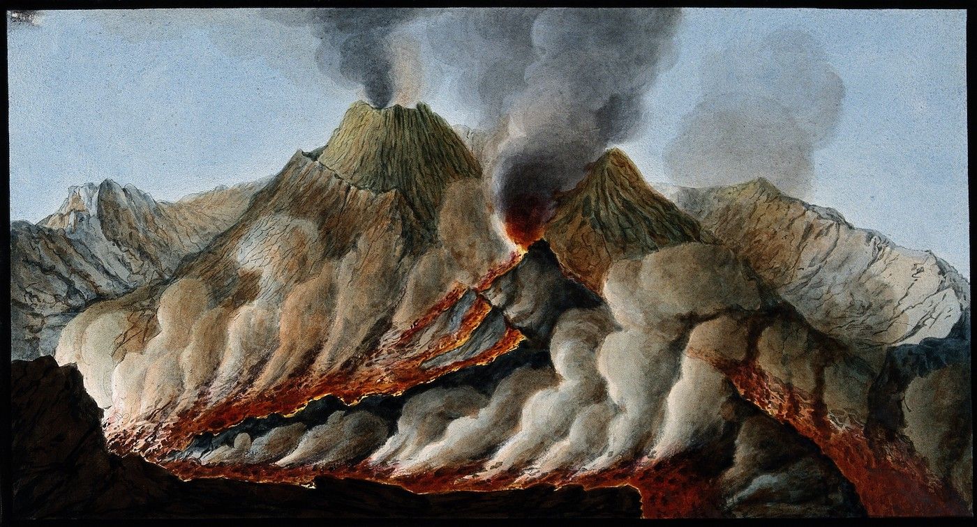 Vintage illustration of a volcanic eruption with two volcanoes spewing smoke and lava.