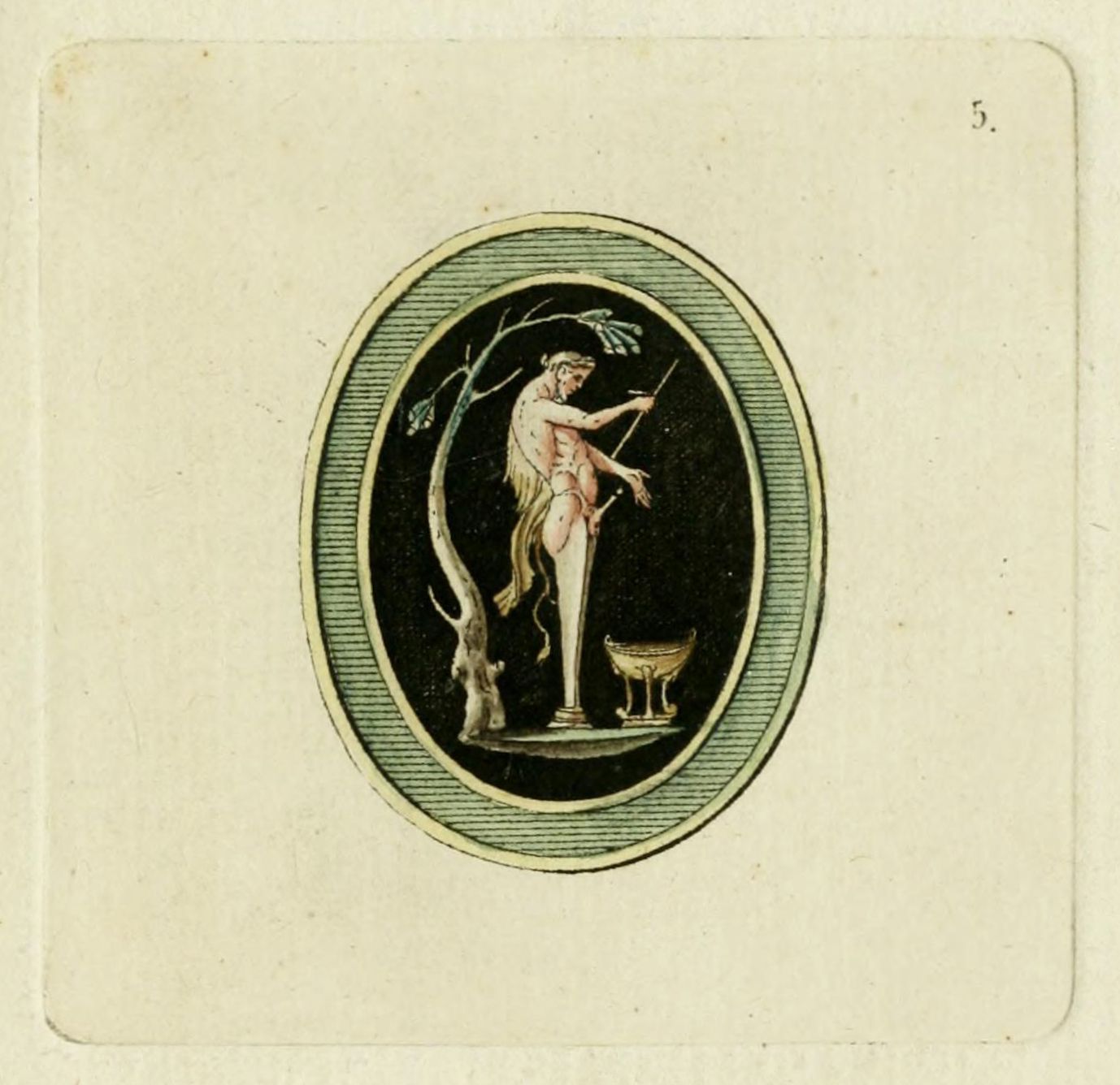 Vintage illustration of a nude figure standing next to a bowl, framed within an oval.