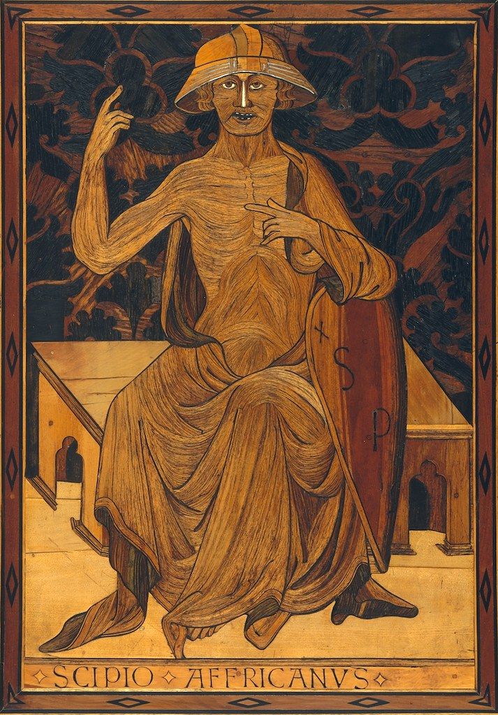 A vertical portrait of Scipio Africanus, a gaunt man in a helmet and robes, seated in a chair with a scroll in his hand.