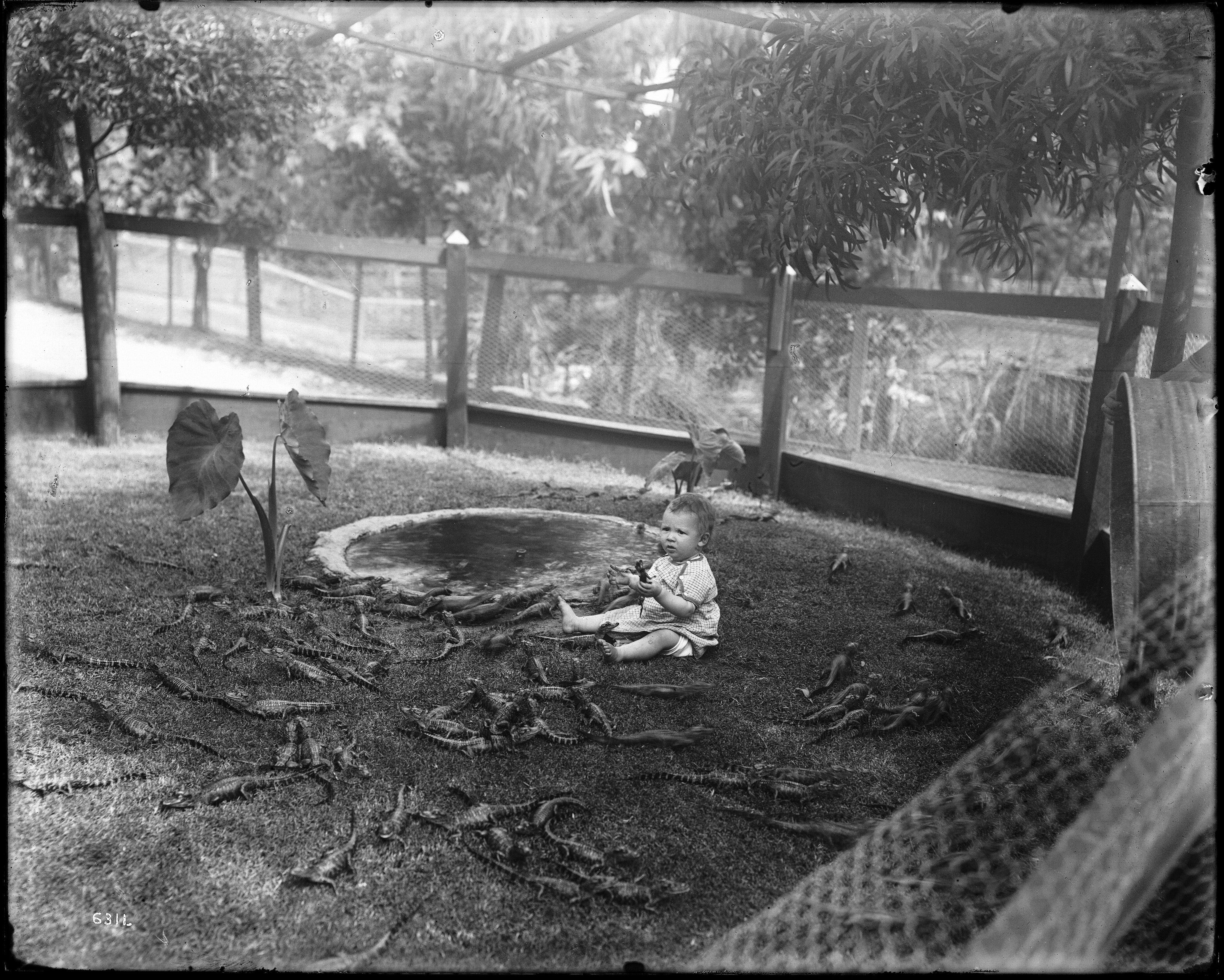 A black and white photograph of a young child sitting near a small pond in a garden.