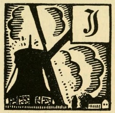 Black and white woodcut illustration of a windmill, trees, and the letter 'J'.