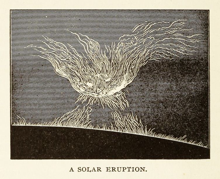 A vintage woodcut-style illustration of a solar eruption, showing a chaotic burst of energy emanating from the sun.