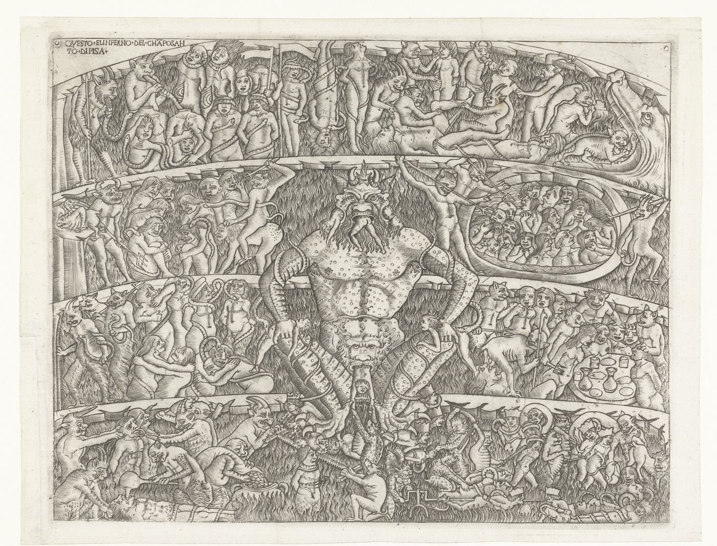 A black and white engraving depicting a chaotic scene of torment and suffering, likely representing a vision of Hell. A large, muscular demon with horns and wings stands amidst a swirling mass of naked human figures, all contorted in agony.