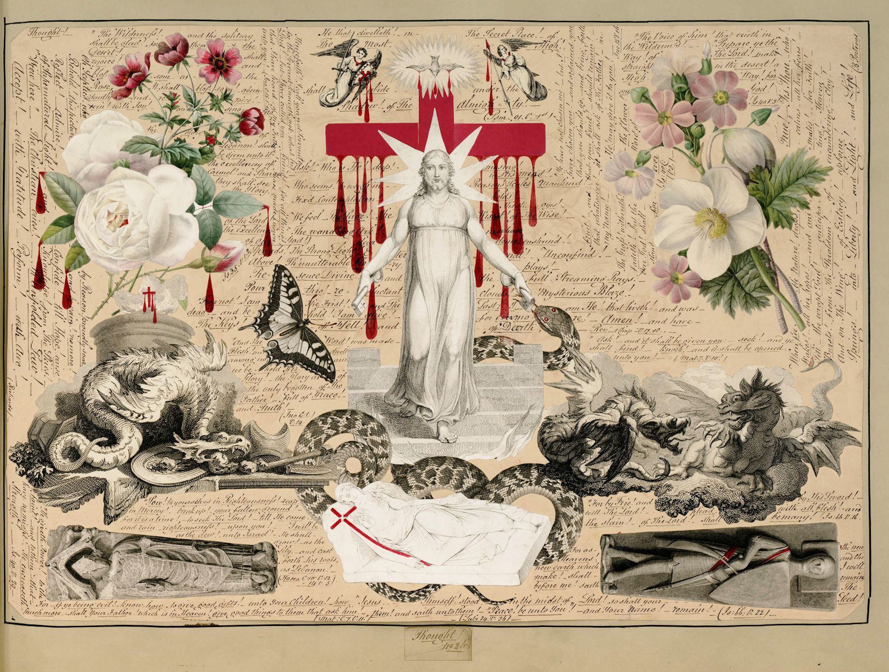A vintage collage-style image featuring a red cross with a haloed figure, surrounded by snakes, demons, butterflies, and dense text.