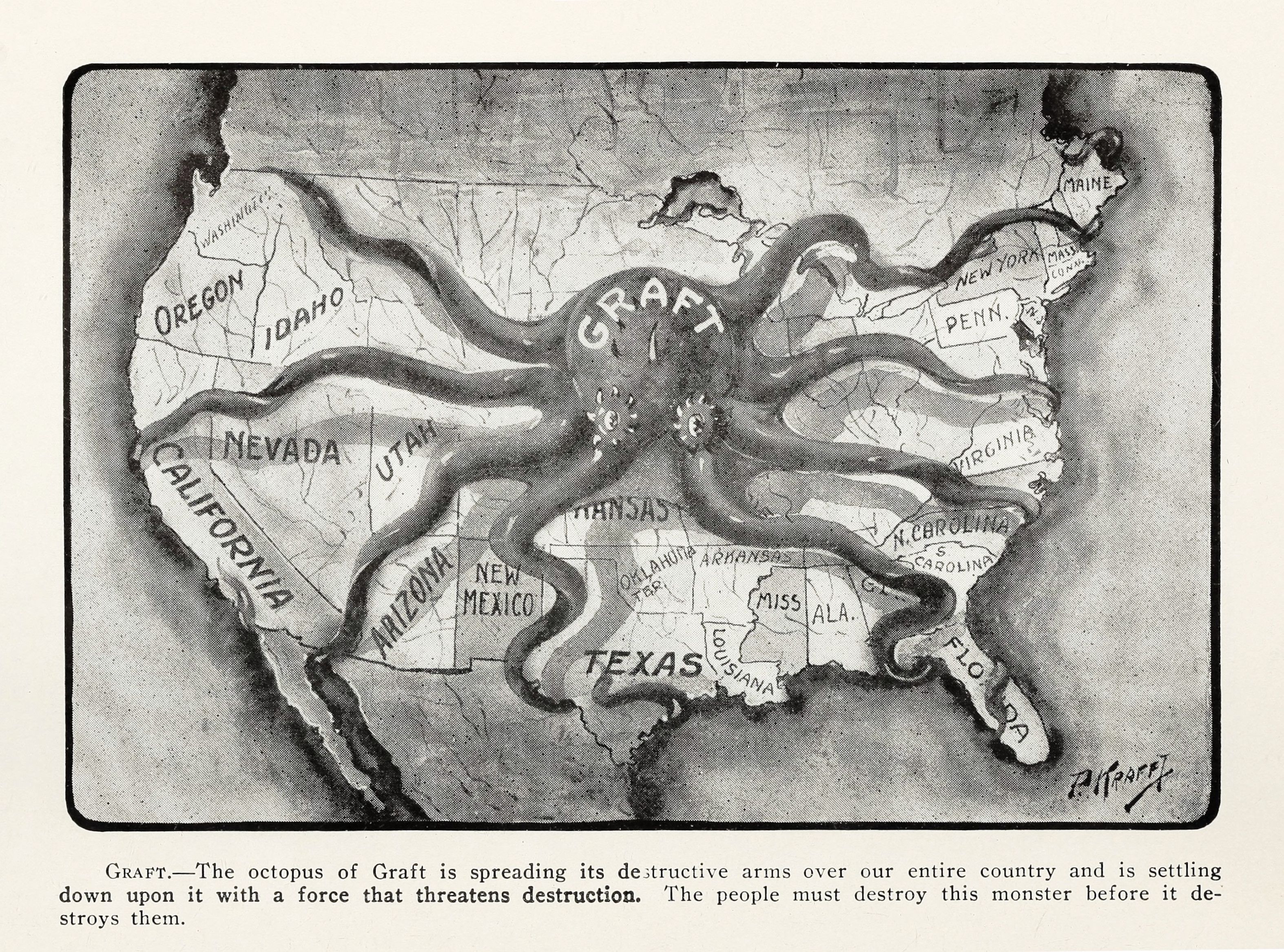 A black and white political cartoon depicting the United States covered by an octopus labeled 'Graft', symbolizing corruption spreading across the country.