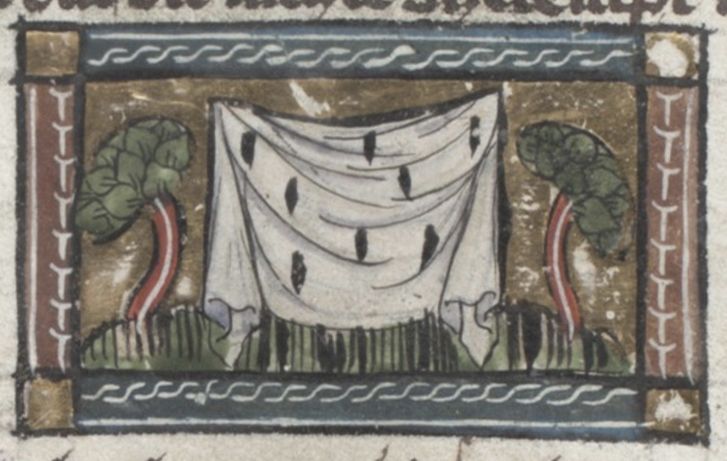 Medieval manuscript illumination of a draped white cloth flanked by plants within a decorative frame.