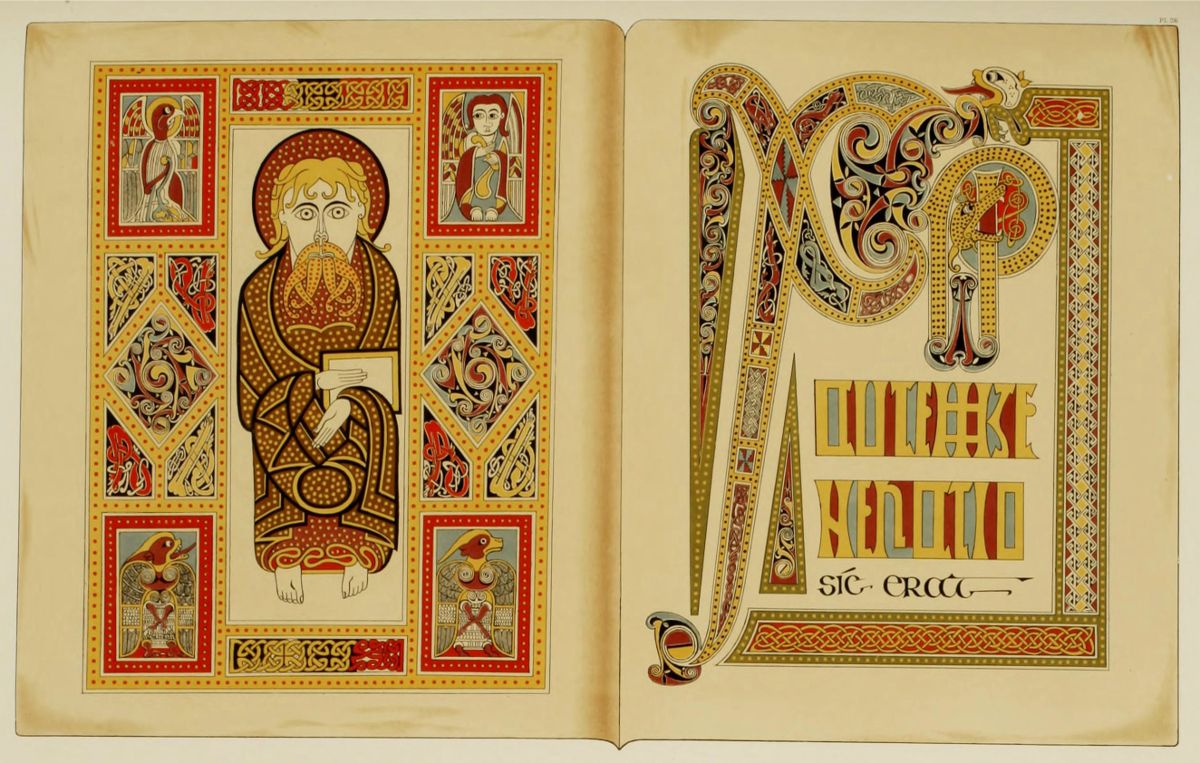 An open page spread from an illuminated manuscript featuring a full-length depiction of a saint on the left page and an ornate initial letter on the right page.