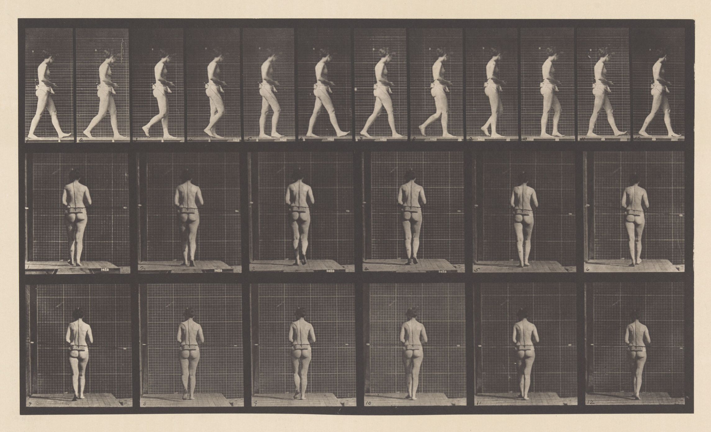 A grid of 18 black and white photographs showing a nude man walking, captured in sequential motion from the back.