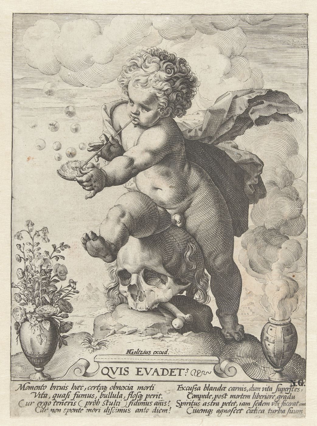 A black and white engraving depicting an angel blowing bubbles towards a skeletal figure, with an hourglass, jar, and flowers at the base. The inscription 'QVIS EVADET?' is visible above the figure, and a long line of Latin text is below.