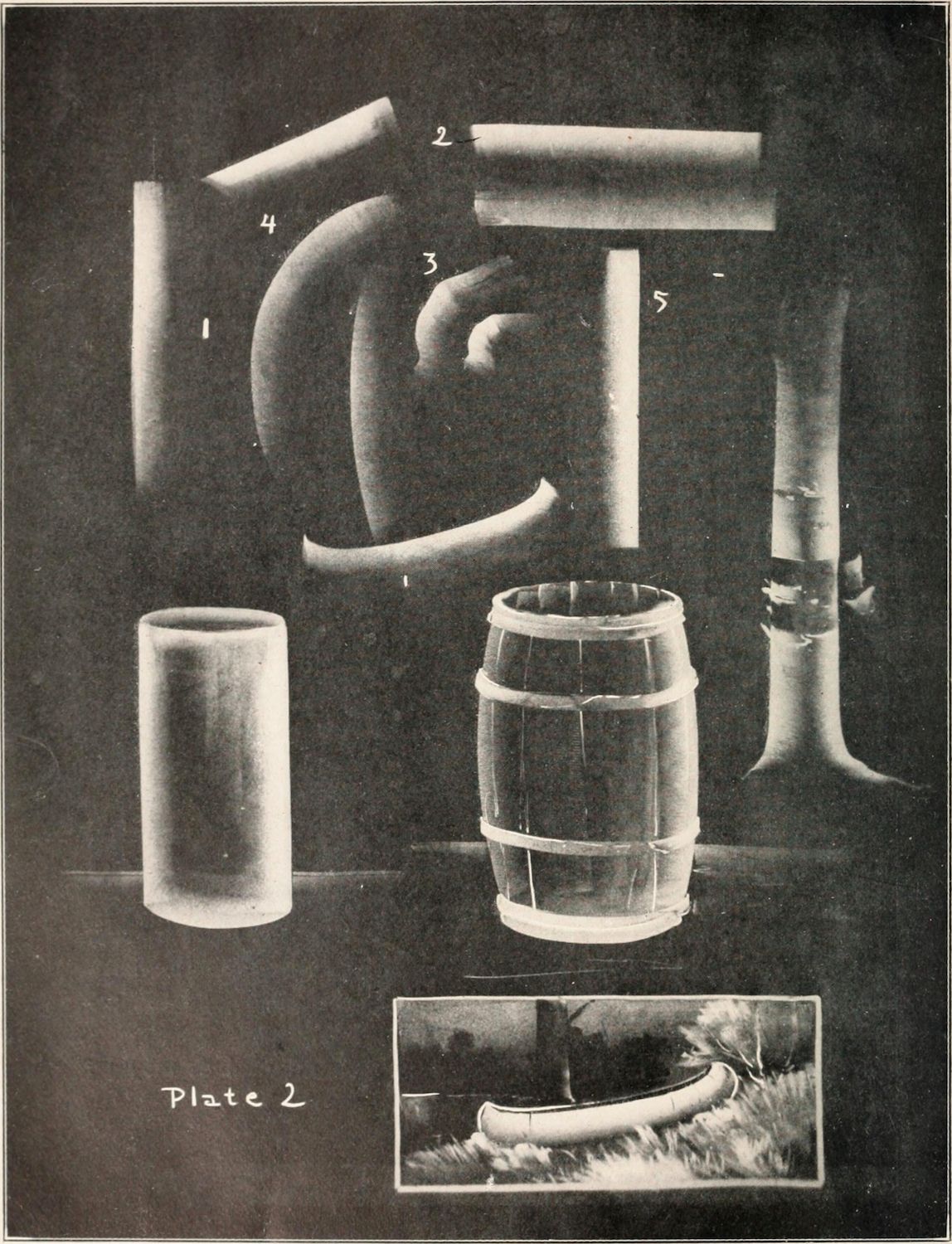 A black and white illustration of a barrel and various pipe sections, with a small photograph of a curved pipe in the lower corner.