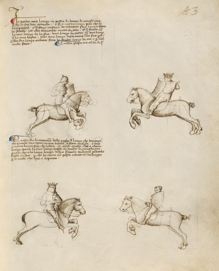 A page from a medieval manuscript with sketches of mounted knights and handwritten text.