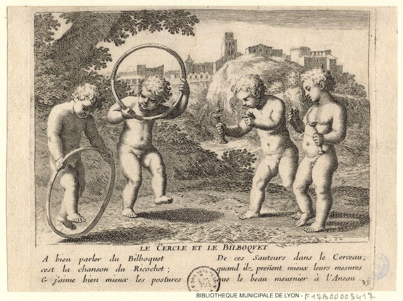 Vintage engraving of three cherubs playing a game with a large ring in an outdoor setting.