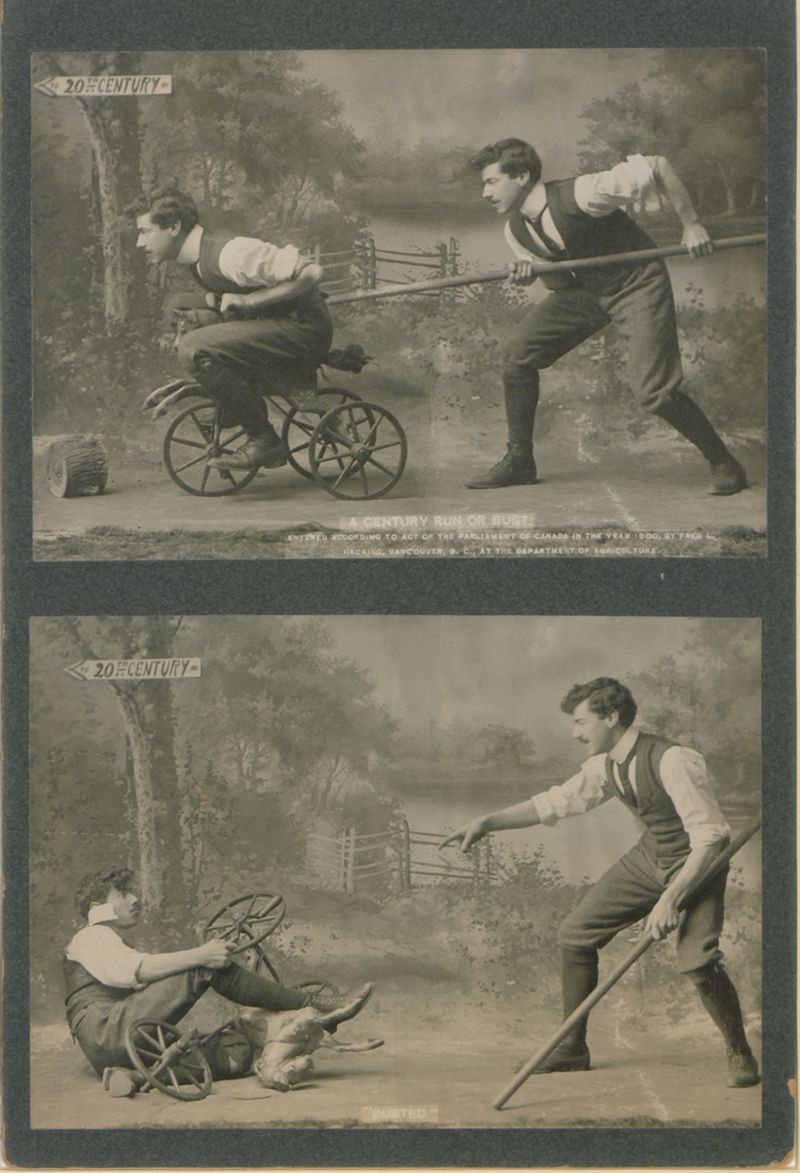 A vintage sepia-toned illustration divided into two panels, depicting a humorous scene of rural life with a man and woman involved in a comical mishap with a bicycle and wheelbarrow.