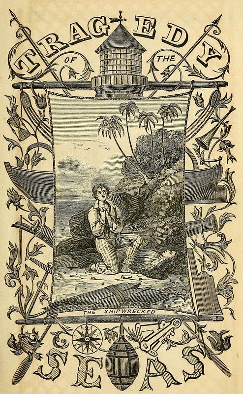 Vintage illustration of a shipwreck scene with a man on a shore, a lighthouse in the background, and ornate nautical decorations.
