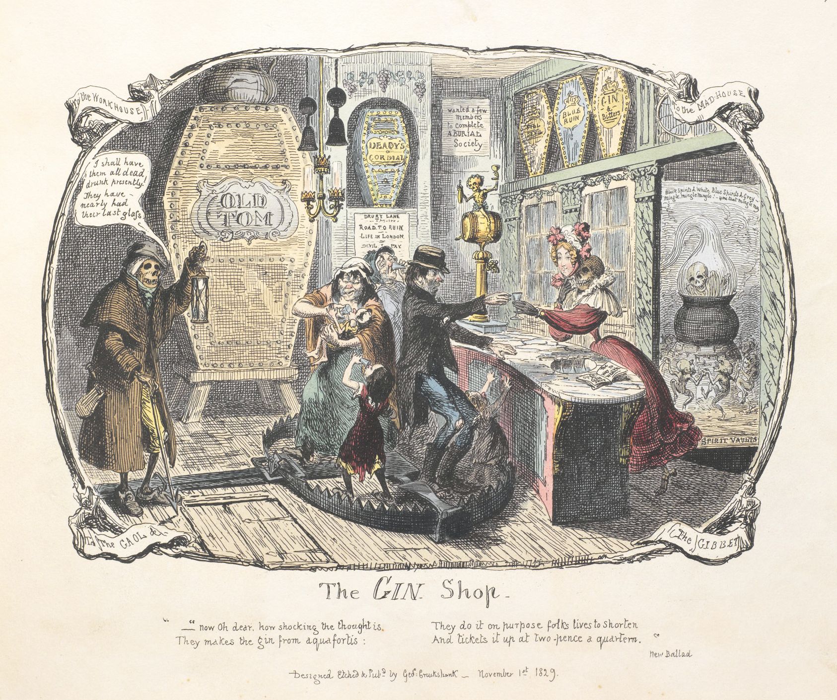 A black and white engraving titled "The Gin Shop" from November 1st, 1829. It depicts the interior of a gin shop and the surrounding street scene, highlighting the devastating effects of gin consumption on the poor.