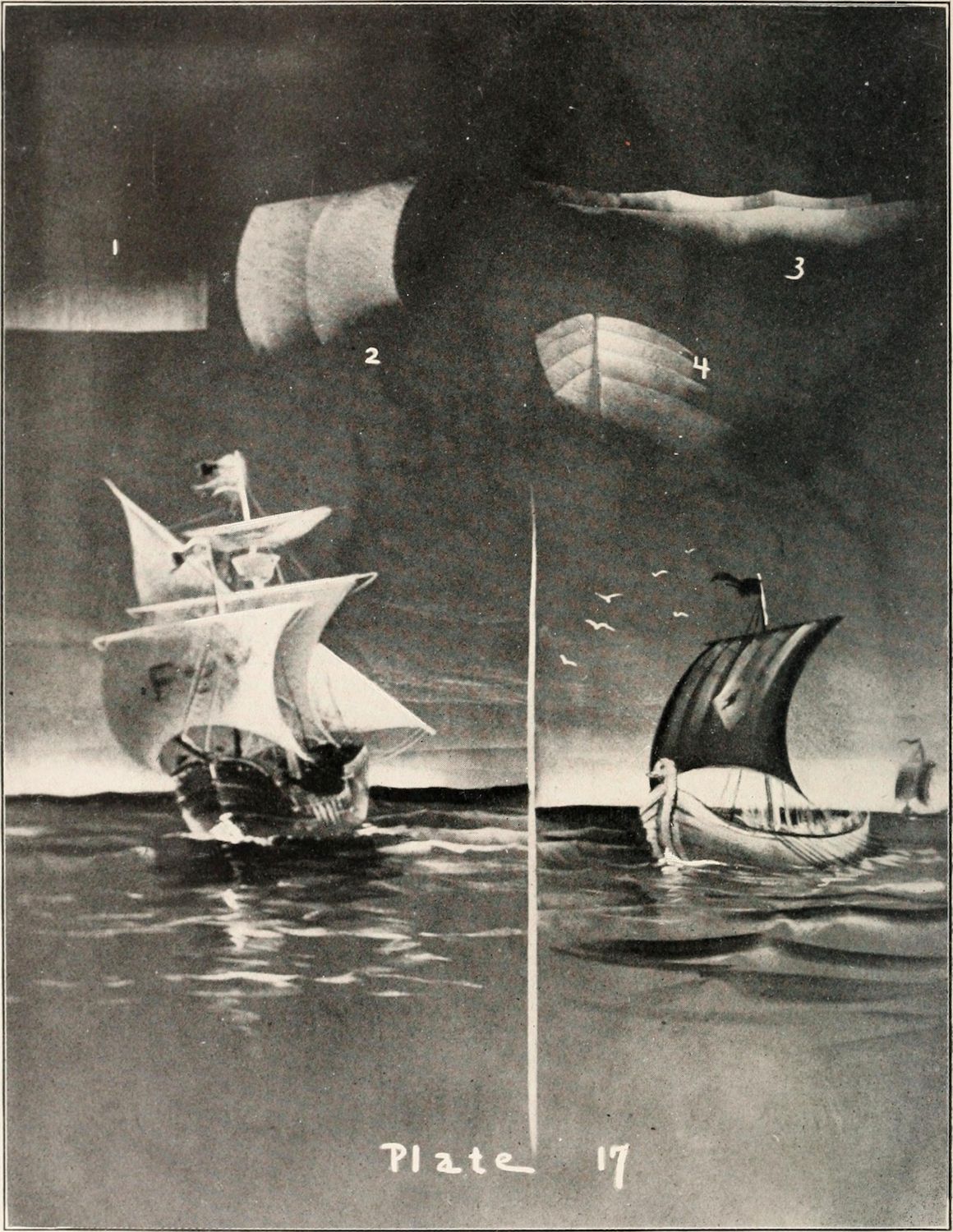 Black and white illustration of two sailing ships on the water with detailed illustrations of the ship's hull and sails.