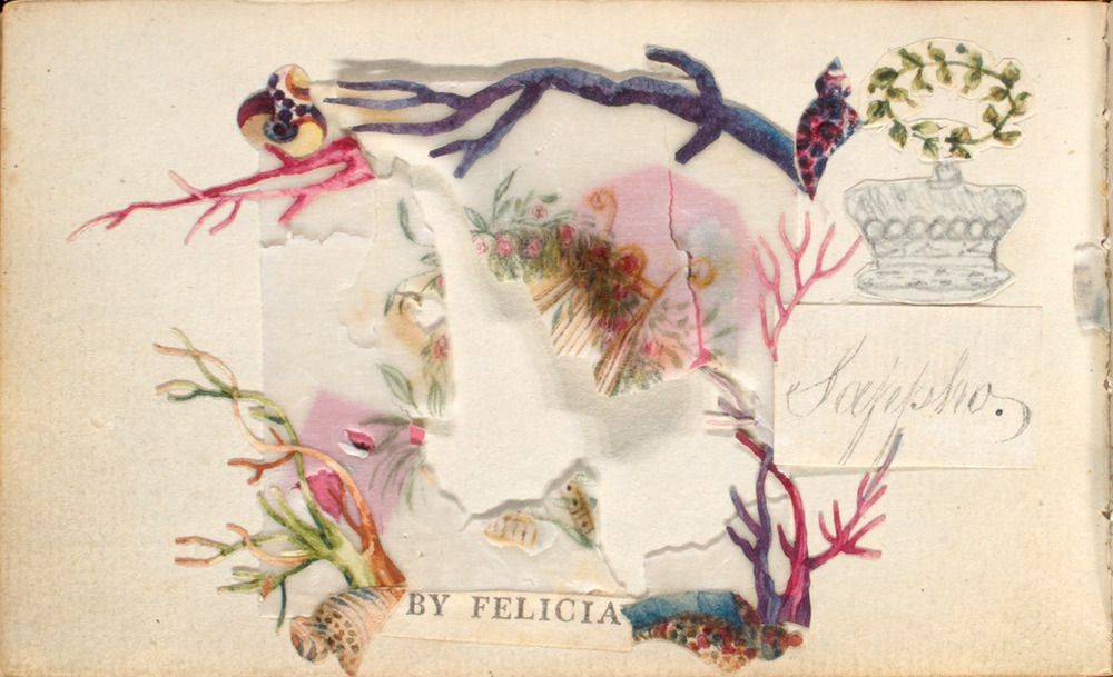 A vintage card with a blurred image of a woman surrounded by colorful branches, birds, a butterfly, and a vase of flowers.