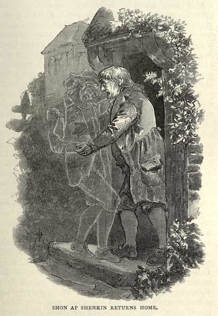 Vintage illustration of a man greeting his dog at the entrance to a house.