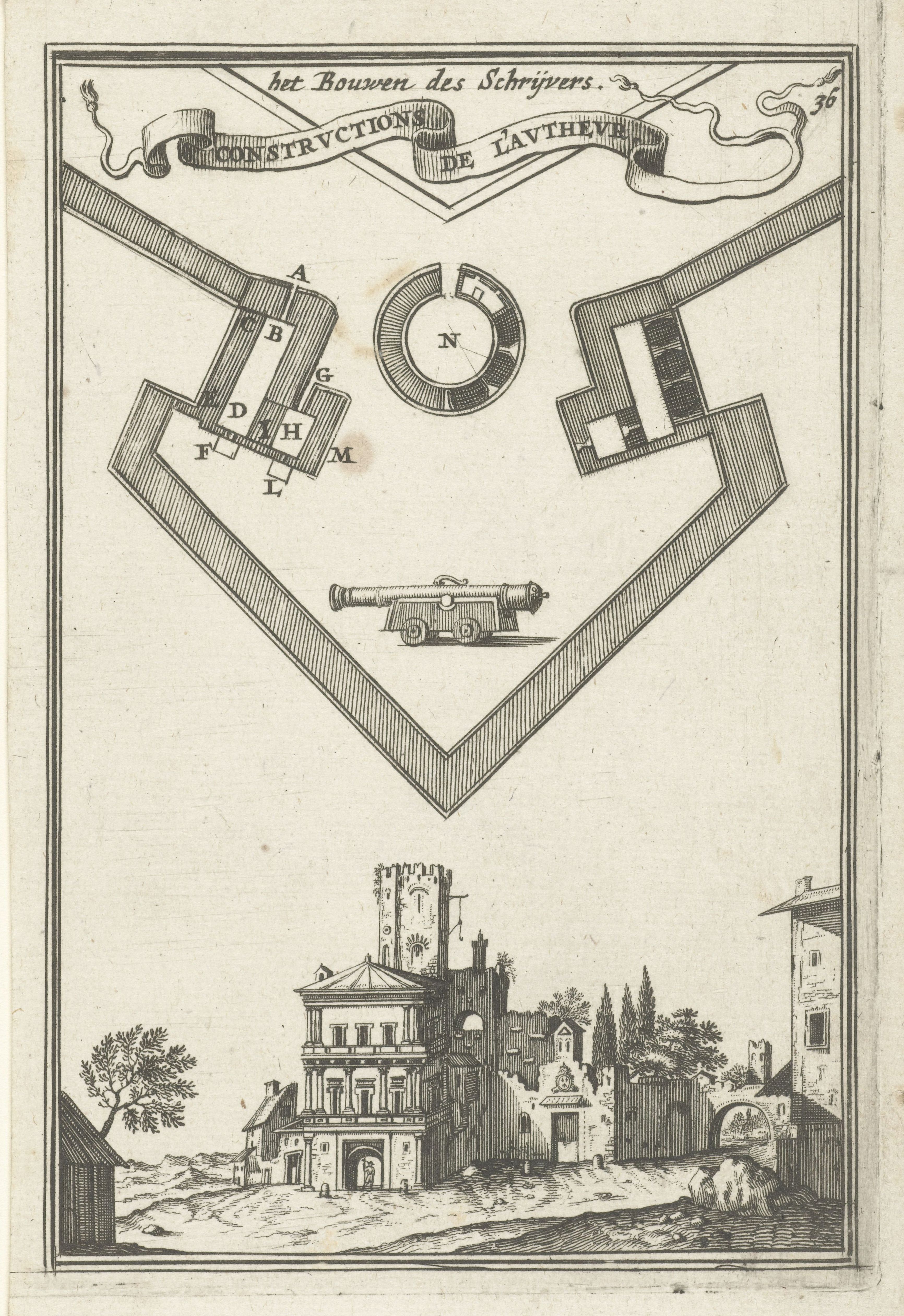 A vintage black and white engraving depicting a fort or castle with a detailed architectural plan above a landscape view.