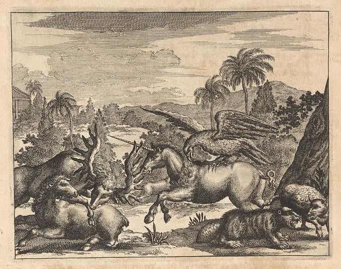 A black and white engraving depicting a unicorn with wings rearing up among other animals in a landscape.