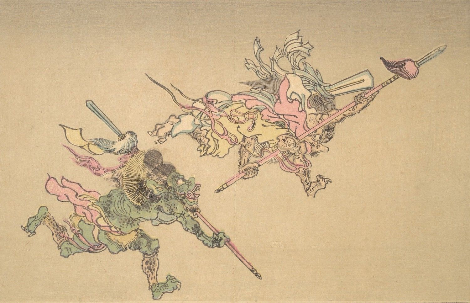 Vintage Japanese woodblock print of a warrior battling a dragon with a spear.
