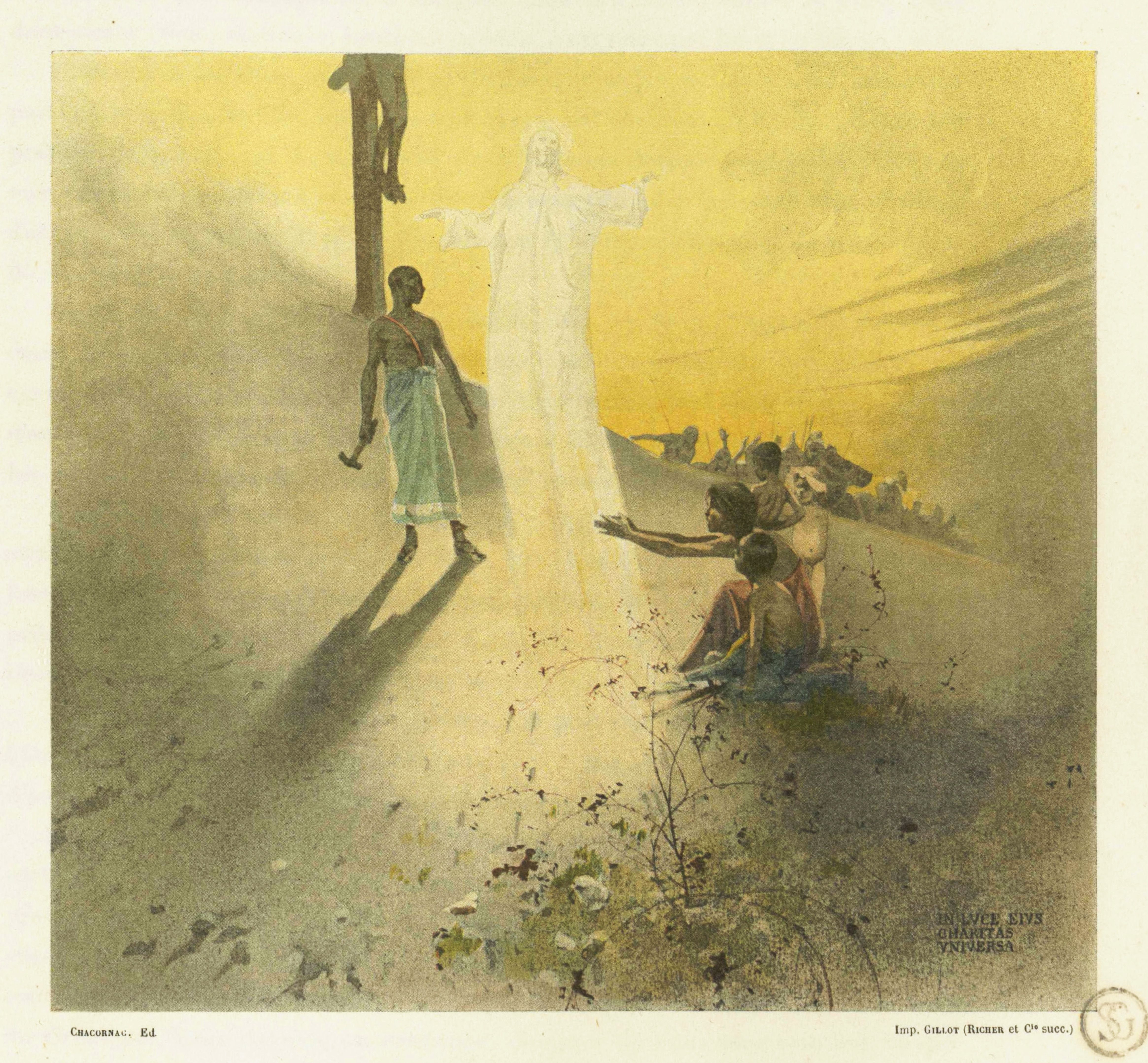 A vintage-style painting depicting a radiant figure extending a hand towards a kneeling woman, with a dark-skinned man observing and a cross in the background.