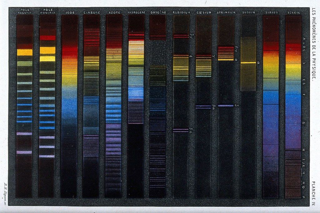 A vintage scientific diagram depicting spectral lines for various elements, arranged in vertical columns with labels in French.