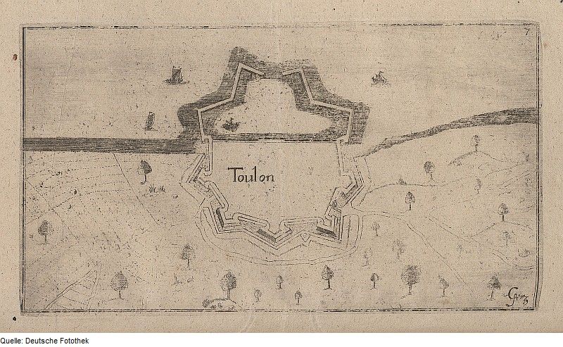 Vintage map of Toulon, France, showing fortifications, city layout, and surrounding landscape.