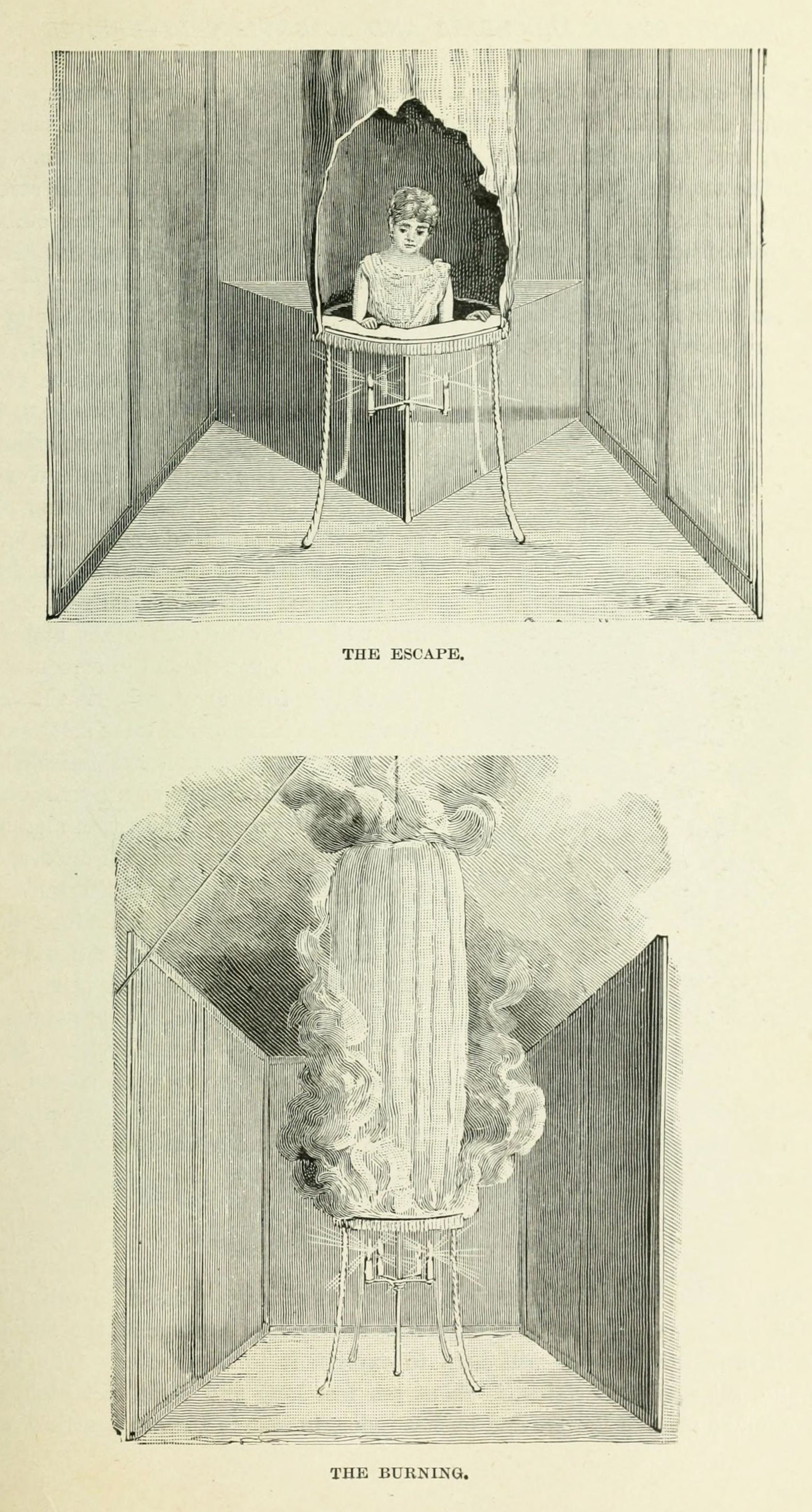 Two black and white engravings depicting a woman performing a magic trick. The top image shows the woman seated on a stool inside a partially collapsed box. The bottom image shows the same stool engulfed in smoke and flames within a cocoon-like structure.