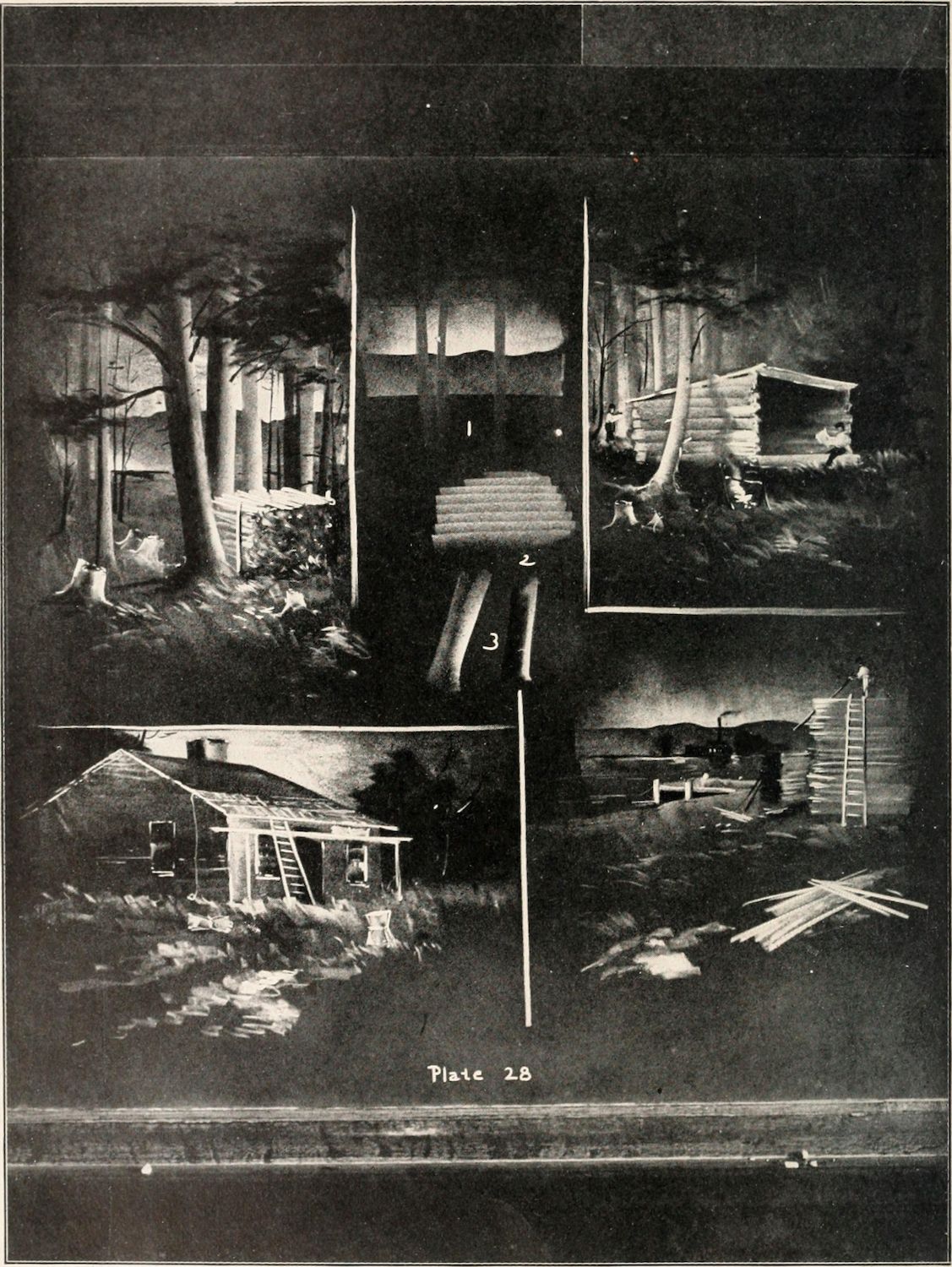A black and white illustration depicting a forest scene with several cabins or structures.