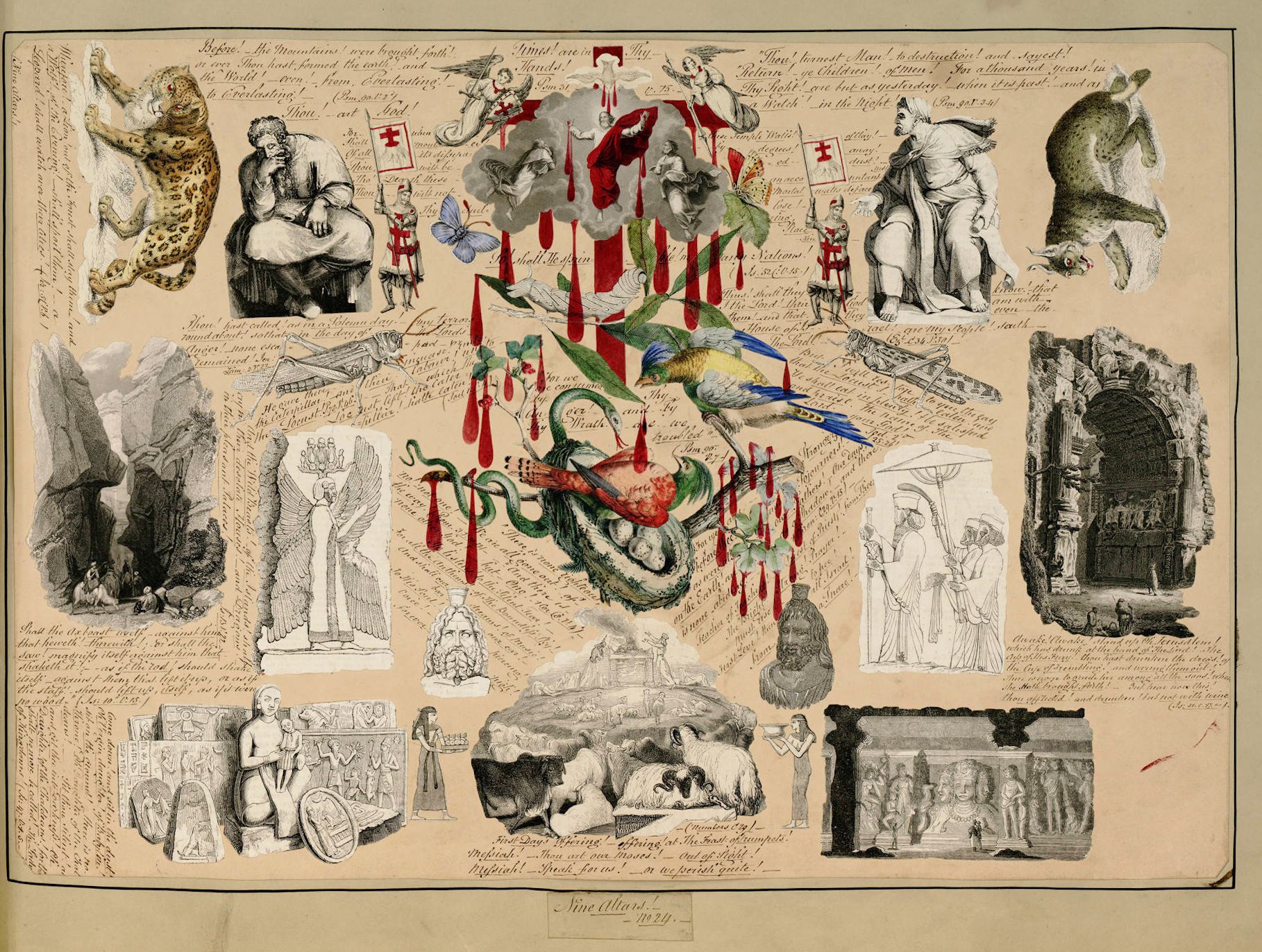 A complex, allegorical print with a central tree-like structure and numerous vignettes surrounding it.
