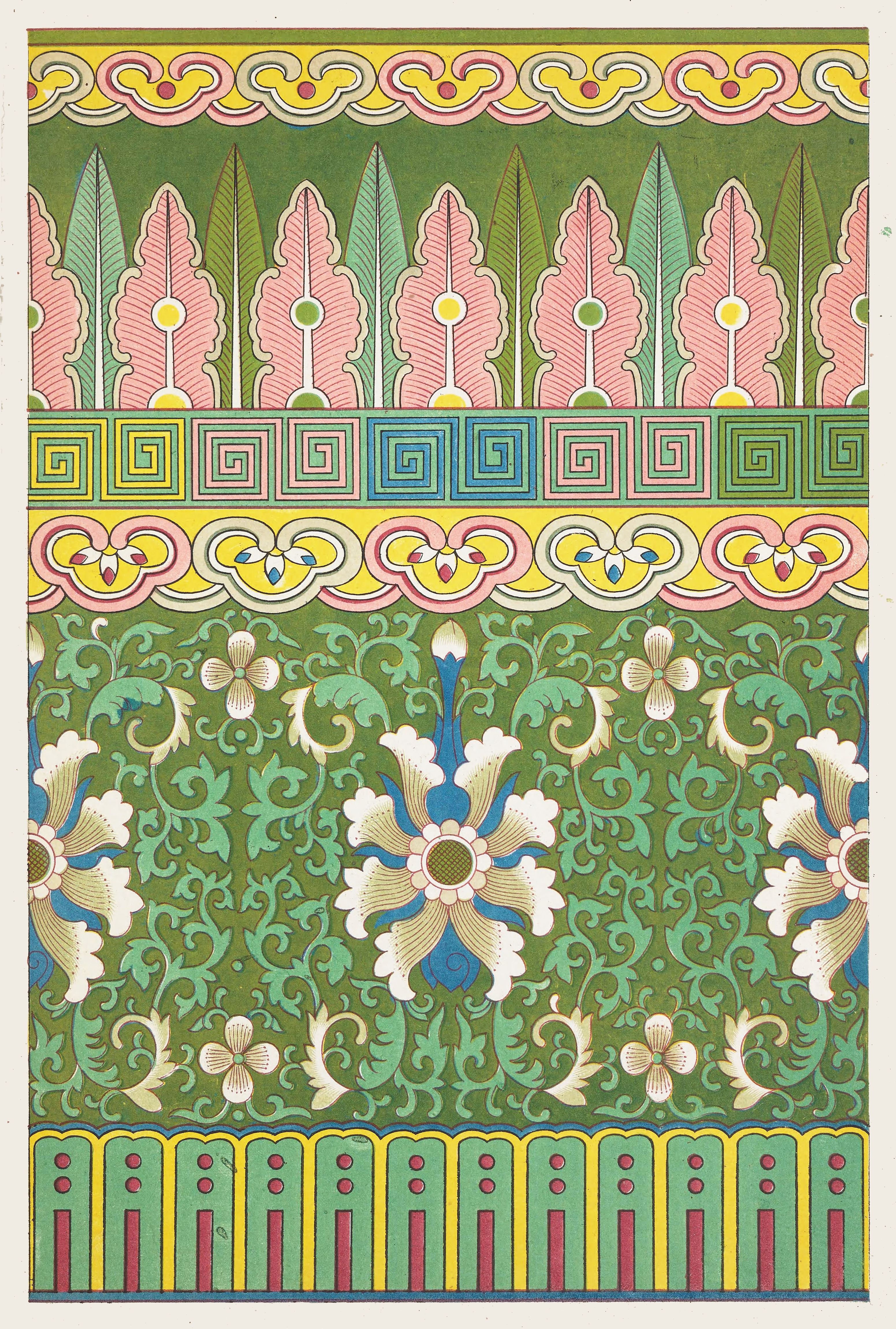 A detailed, colorful textile pattern with floral and geometric designs on a green background.