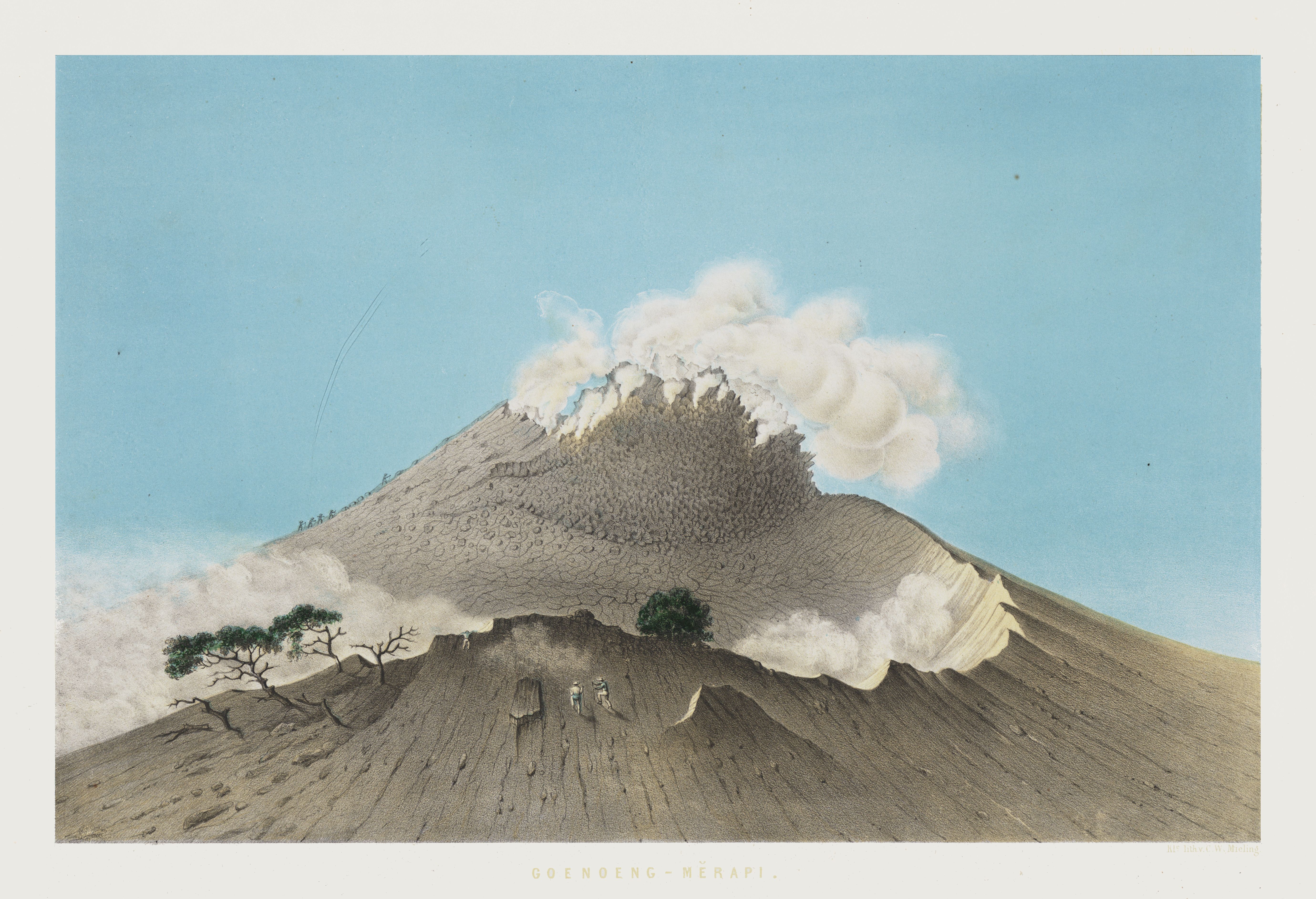 Vintage lithograph of a volcanic landscape with a smoking mountain, small figures, and sparse trees.