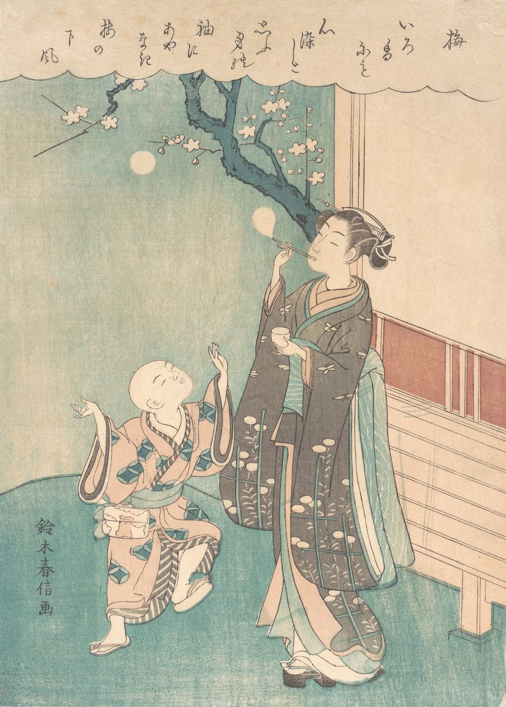 A woodblock print depicting a woman blowing bubbles for a child in a Japanese setting.