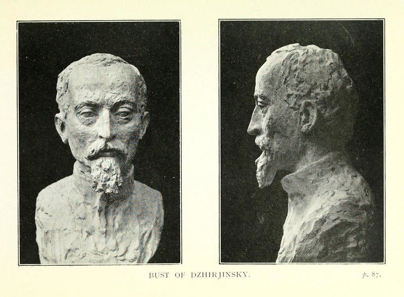 Two views of a bust sculpture of a man named Dzhirinsky, showing his face and profile.