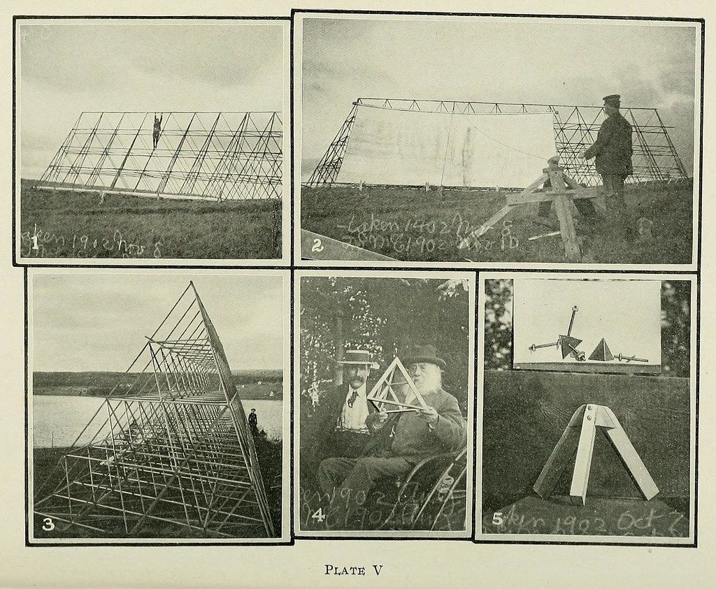 A collage of five vintage black and white photographs depicting early experiments with kites and their use in meteorological or scientific observation.