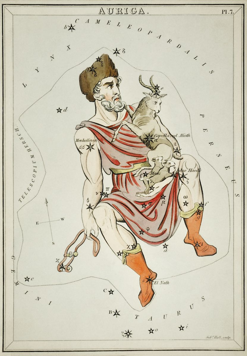 Vintage illustration of the constellation Auriga, depicting a man cradling a goat and holding a scepter, surrounded by stars and other constellations.