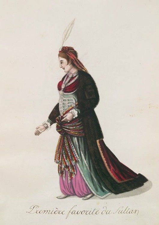 A vintage illustration of a woman in Ottoman-era clothing, labeled “Première favorite du Sultan”.