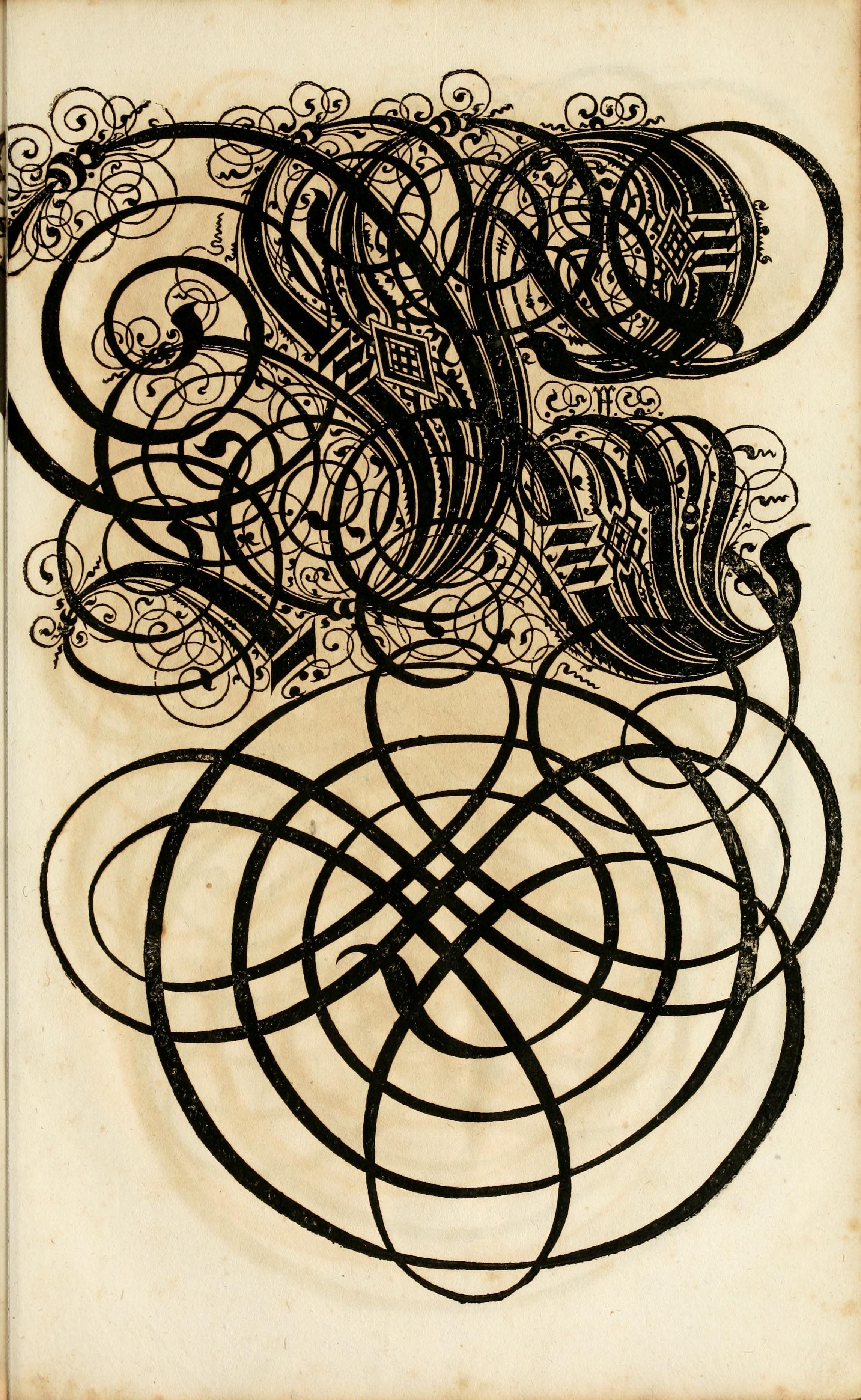 A detailed black and white drawing with an intricate, abstract design composed of lines, curves, circles, and spirals.