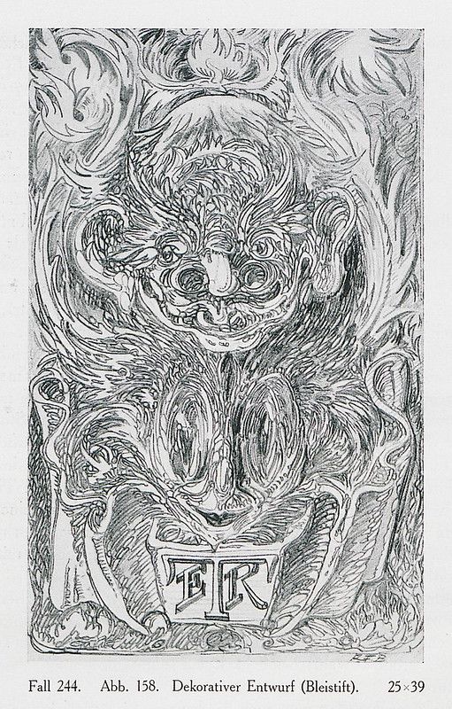 A detailed, monochromatic drawing of an ornate, decorative design featuring the letters 'ER' within a shield-shaped cartouche, surrounded by swirling foliage and floral motifs.