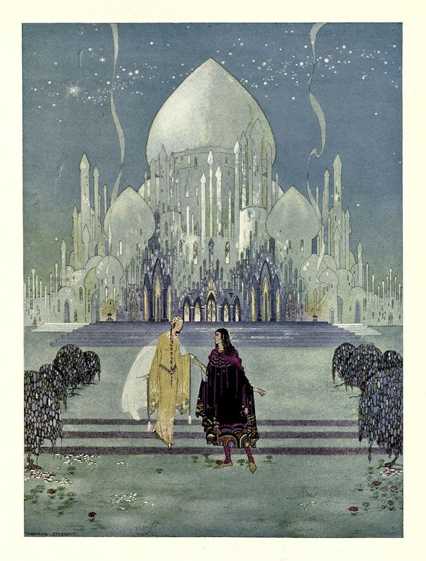 Illustration of a fantastical city with two figures in the foreground.