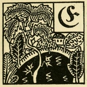 A black and white woodcut illustration of a tree, landscape, building, and crescent moon with the letter 'S' inside.